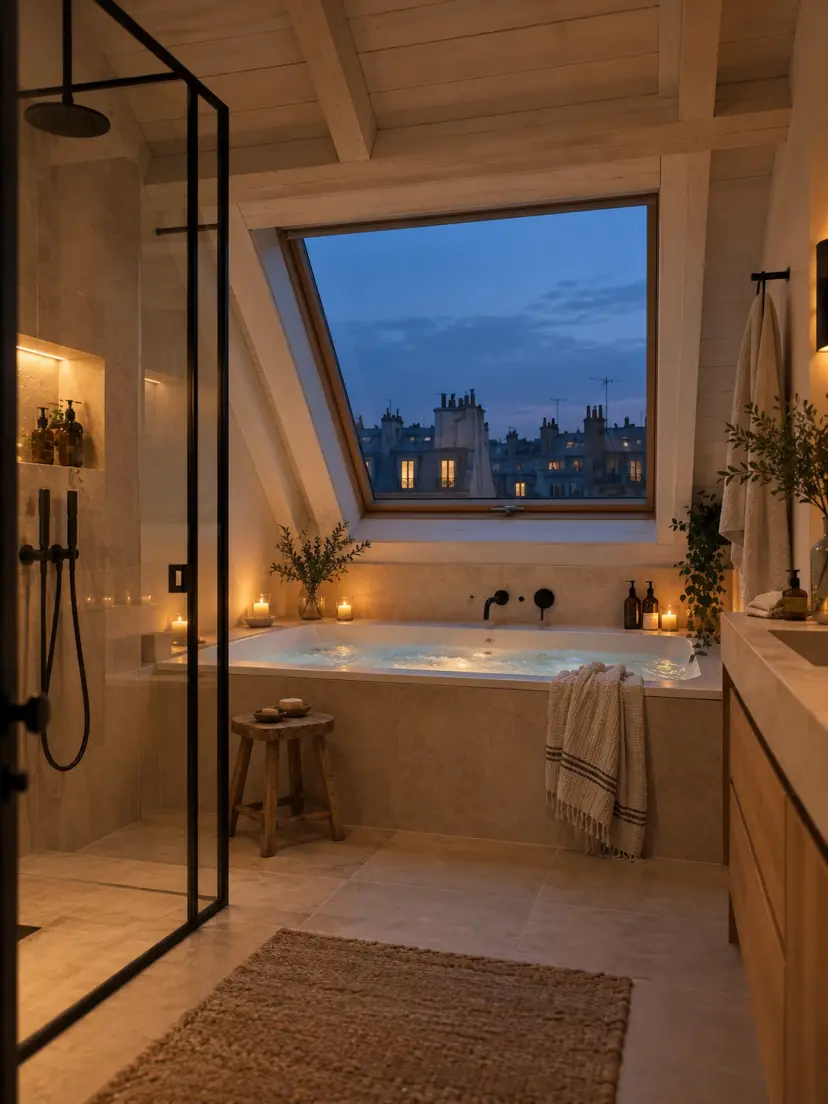 Bain à bulles le soir, sous le toit