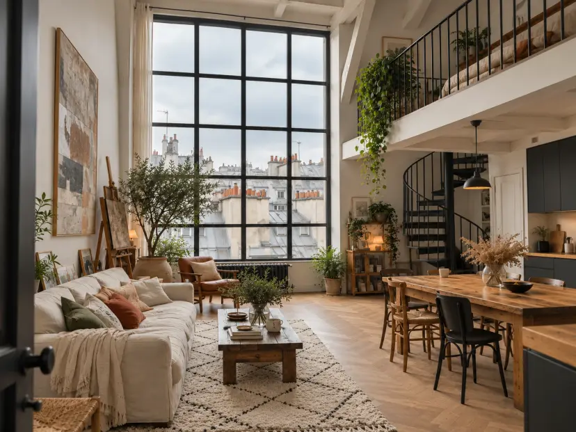 Le séjour et sa grande verrière d’atelier